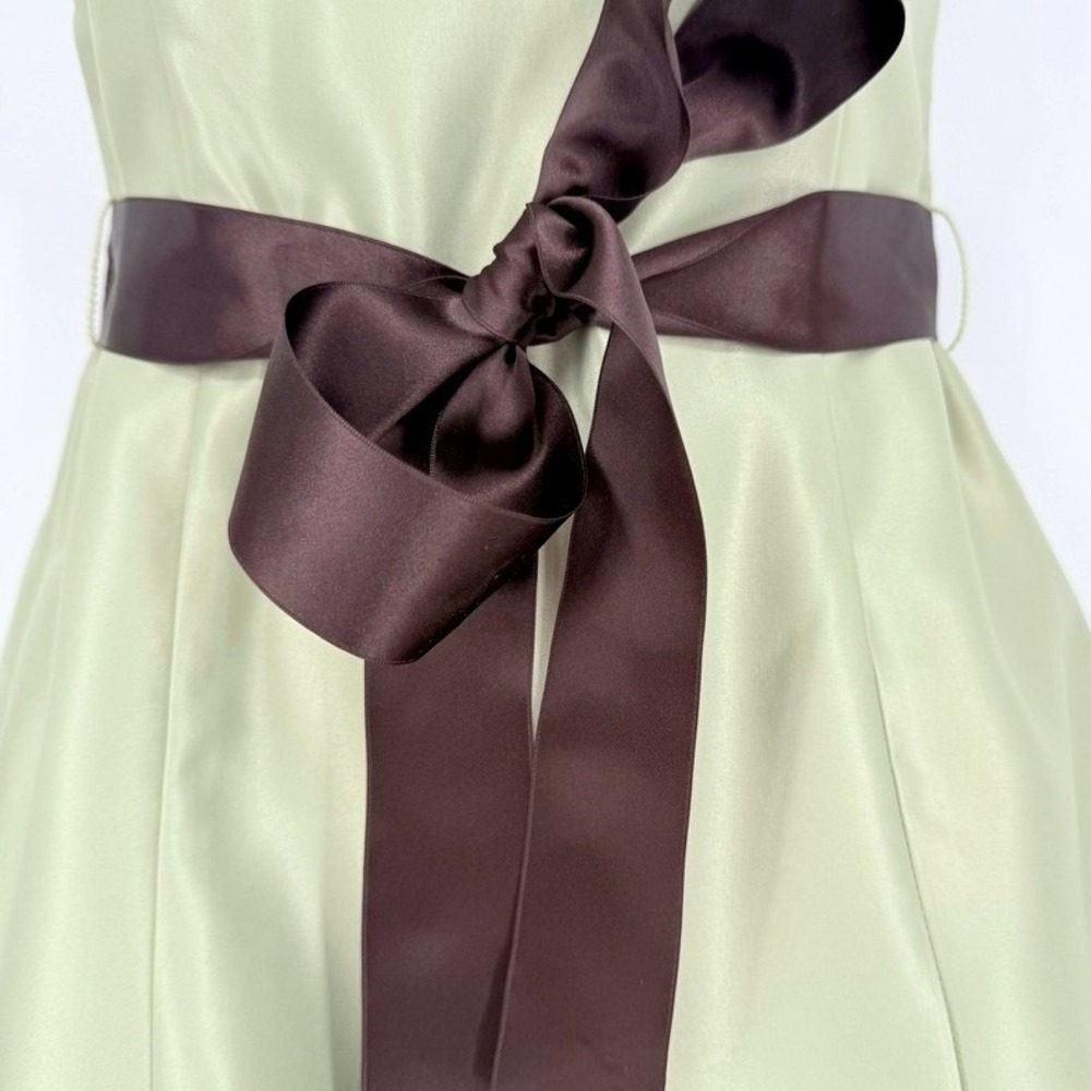 Jessica McClintock Gunne Sax Sage Green Satin Strapless Dress Brown Sash 3 Y2K - Picture 2 of 13